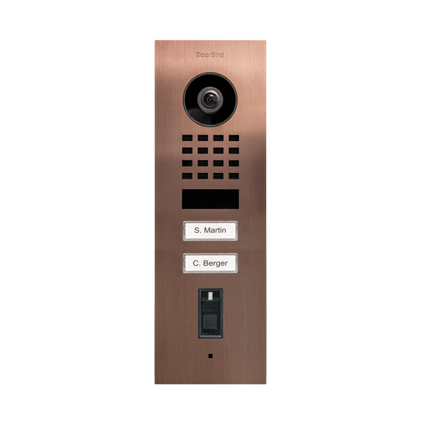 Bronze flush-mount IP video door station with camera lens, call buttons and name tags