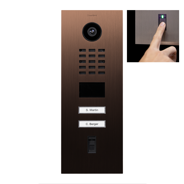 DoorBird D2102FV bronze video door station with camera, keypad, and two call buttons
