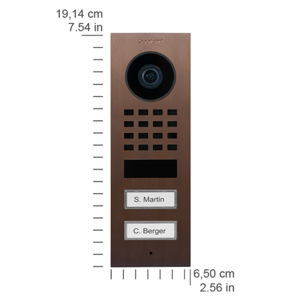 DoorBird bronze video door station front panel with camera lens, speaker grille, 2 nameplates