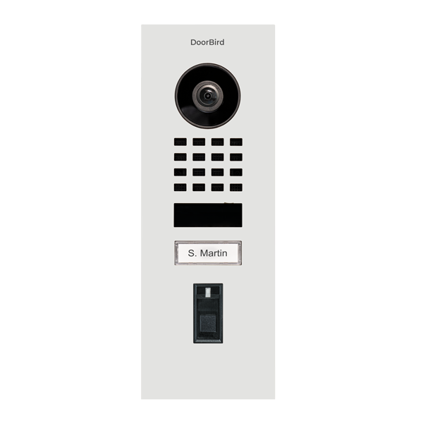 DoorBird flush-mount IP video door station, traffic white with camera and keypad, S. Martin plate