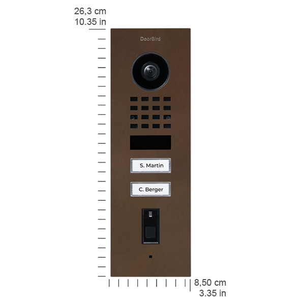 DoorBird bronze video door station with camera lens and two nameplate call buttons