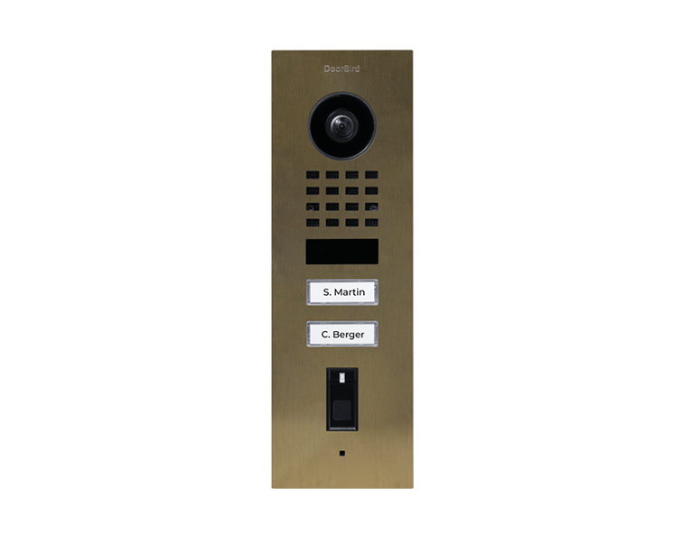 Burnished brass flush-mount video door station with camera and two call buttons