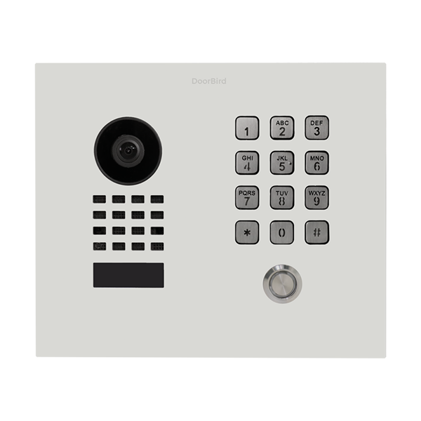 DoorBird traffic white video door station front with camera lens, keypad, call button