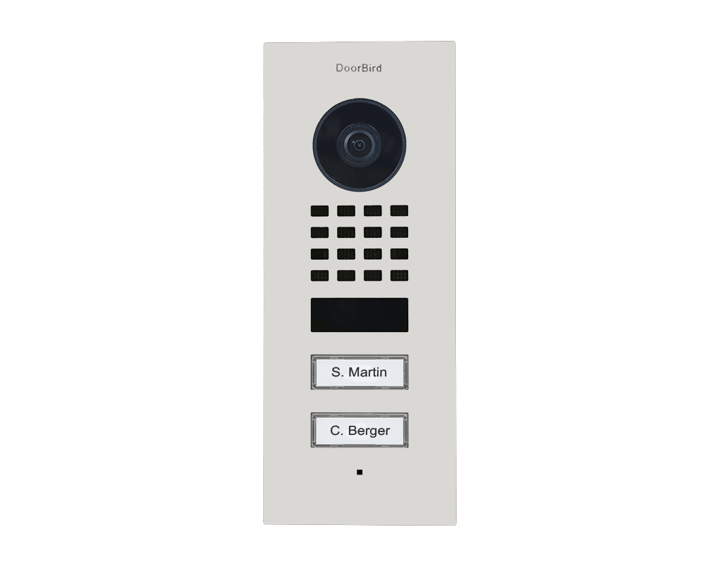 DoorBird flush-mount IP video door station, traffic white with camera, keypad and 2 nameplates