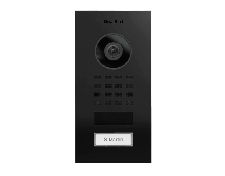 Graphite black flush-mount IP video intercom with camera lens and call button
