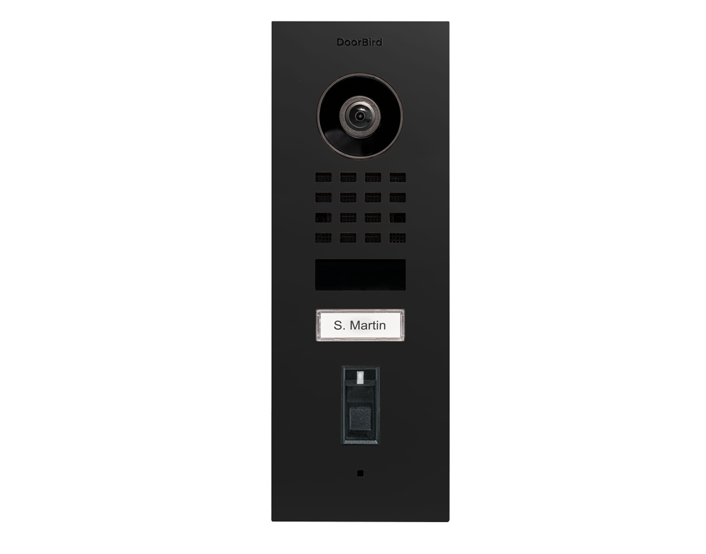 Graphite black flush-mount IP video door station with camera lens, keypad and nameplate