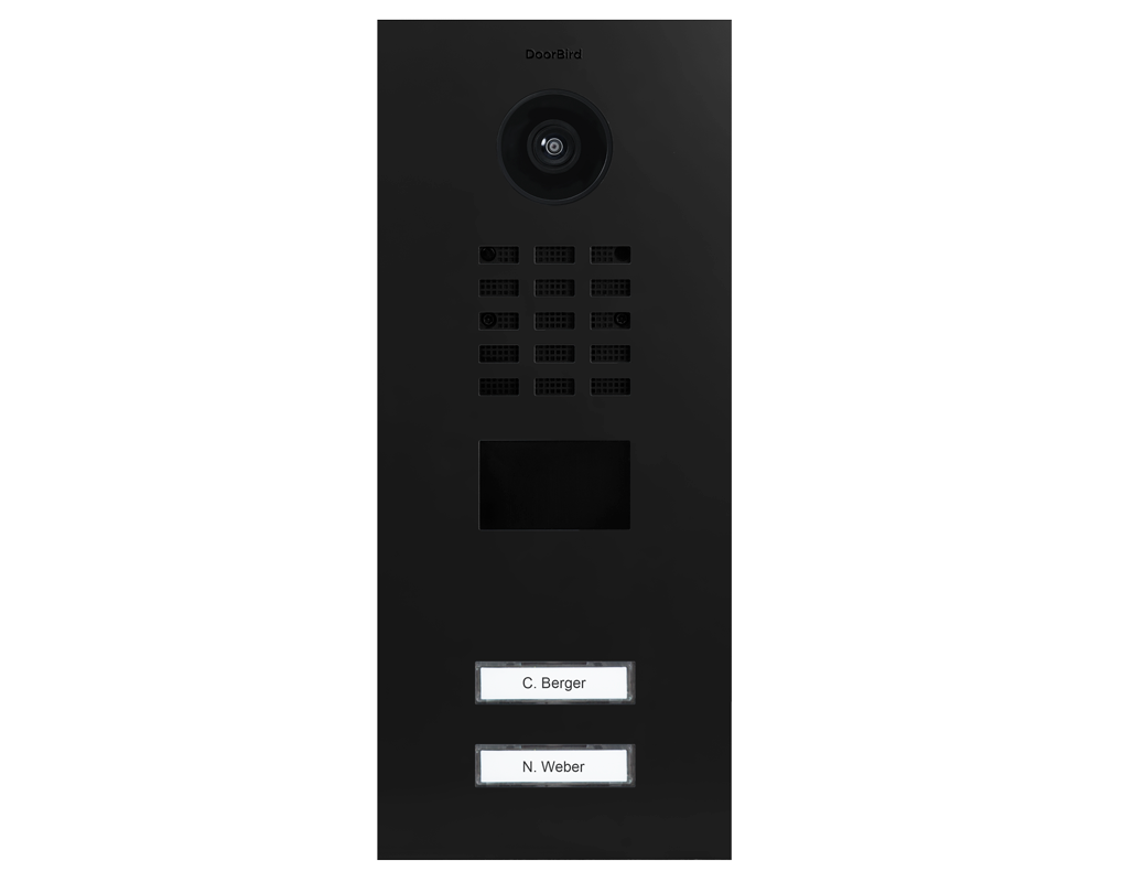 DoorBird IP video door station in graphite black with camera and two call buttons