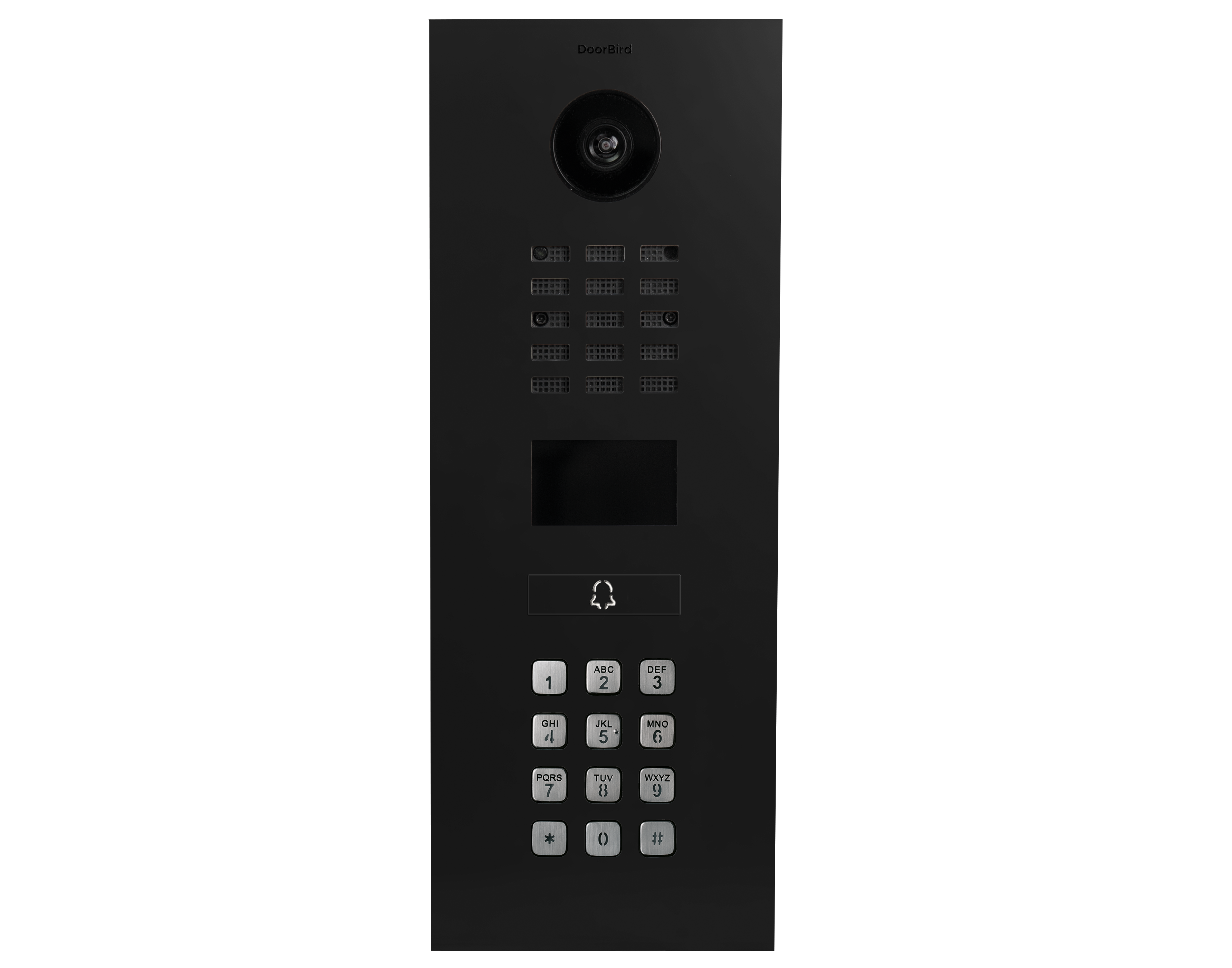 DoorBird graphite black IP video door intercom panel with camera lens and keypad