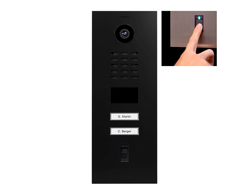Graphite black video door station with camera, keypad, and two call buttons