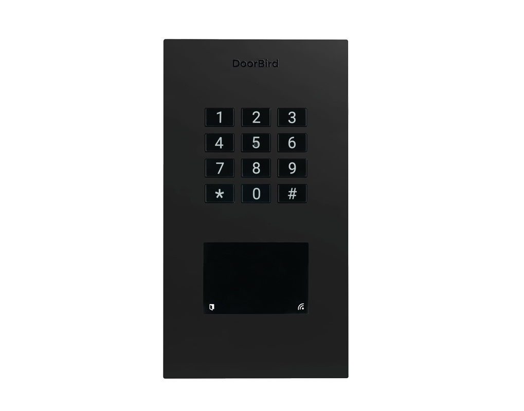 Graphite black flush-mount access control device with numeric keypad and small display