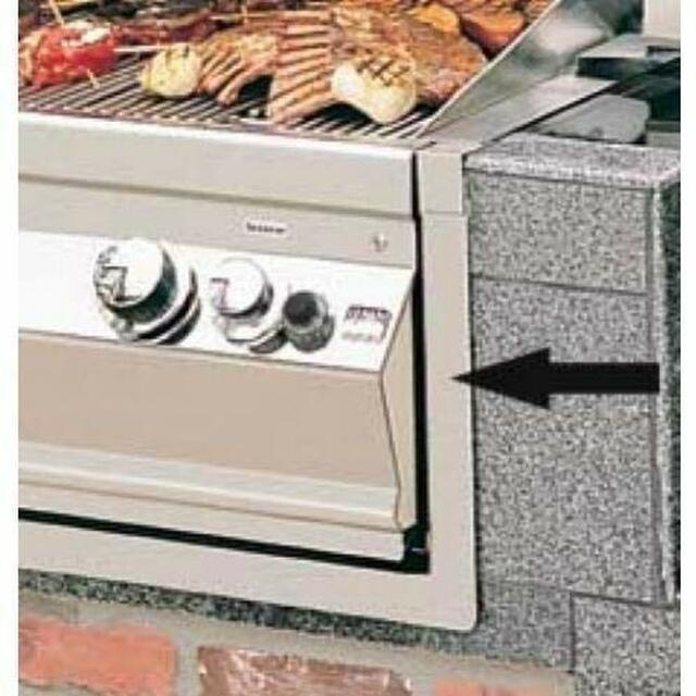 Stainless steel gas grill trim kit showing side panel with arrow indicator