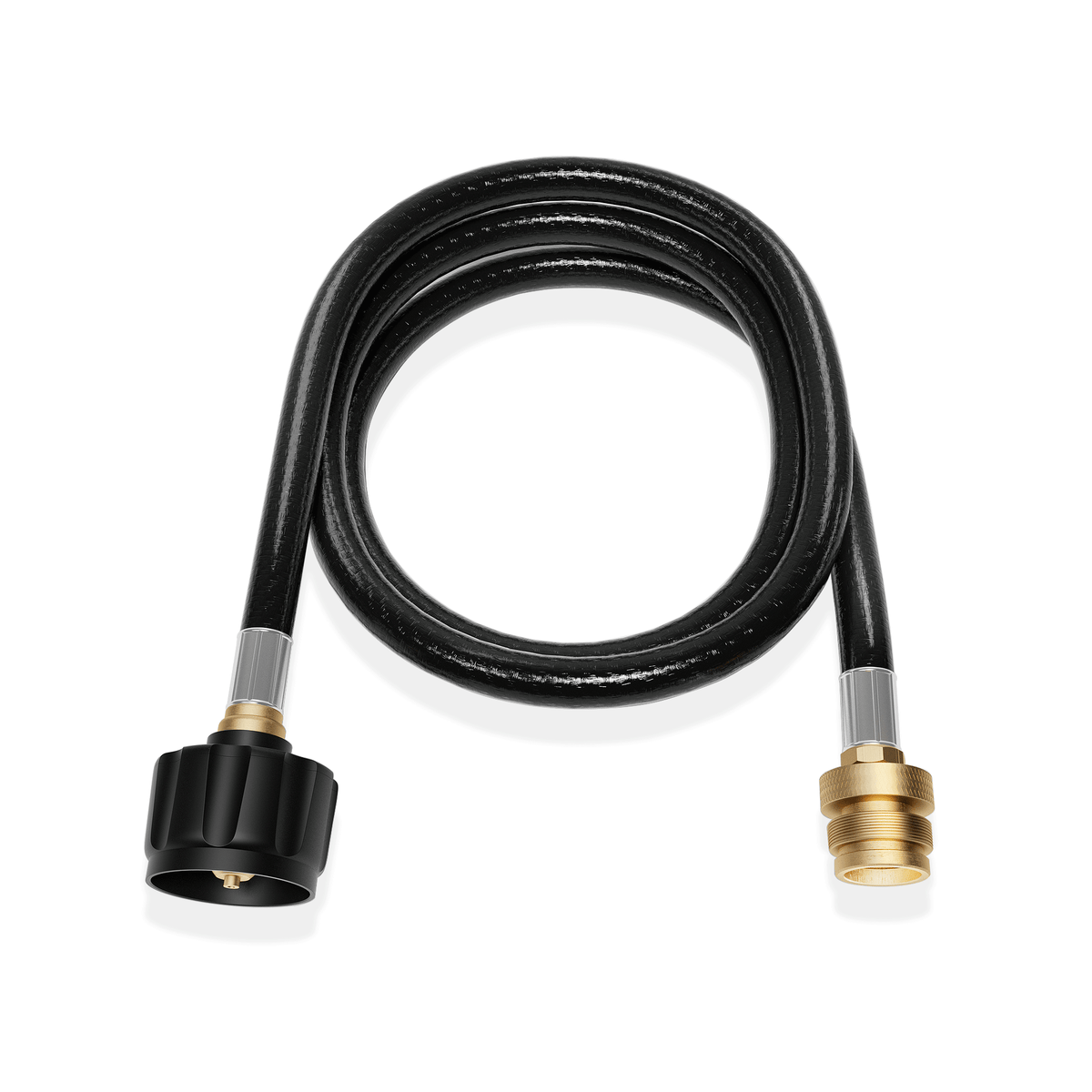 Black liquid propane gas hose with black end cap and brass propane adapter fittings.