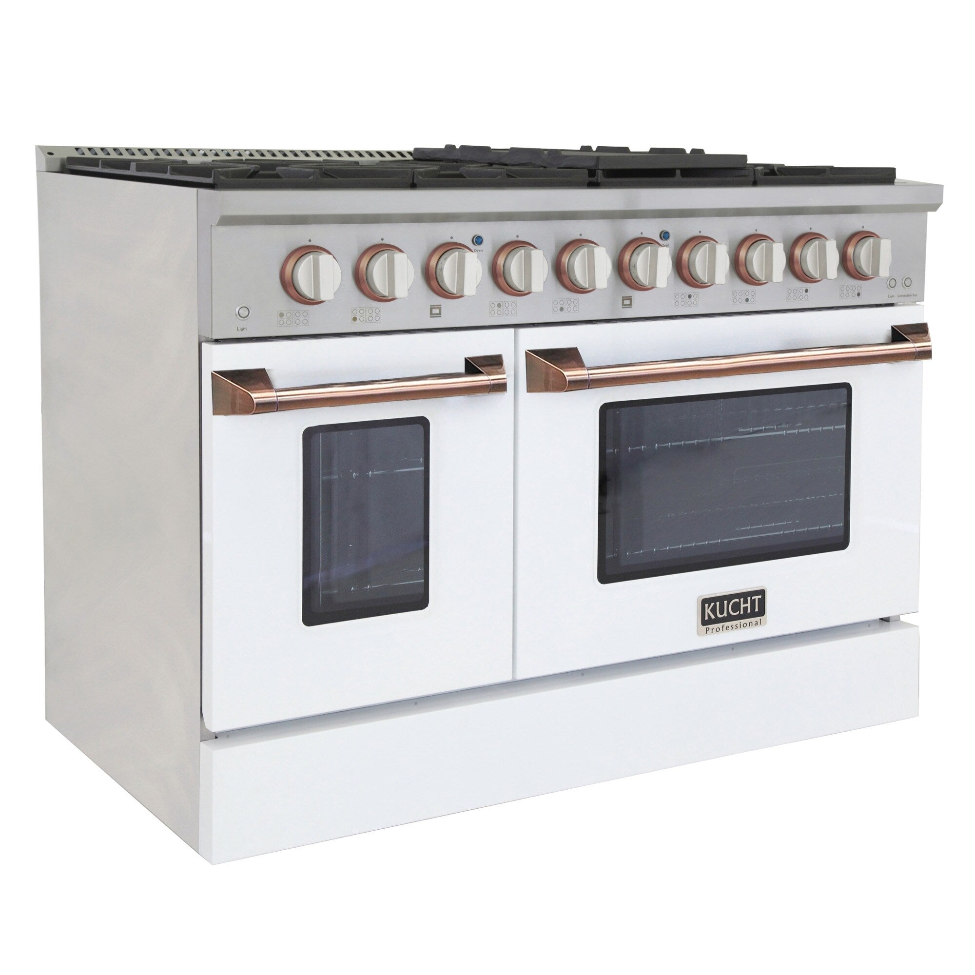 White dual fuel range with stainless control knobs and two glass oven doors
