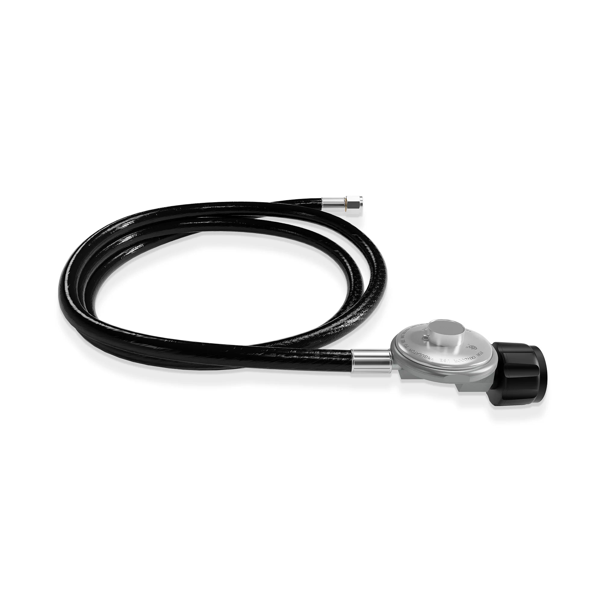 Propane regulator hose replacement with black hose, silver regulator body, and black connector.