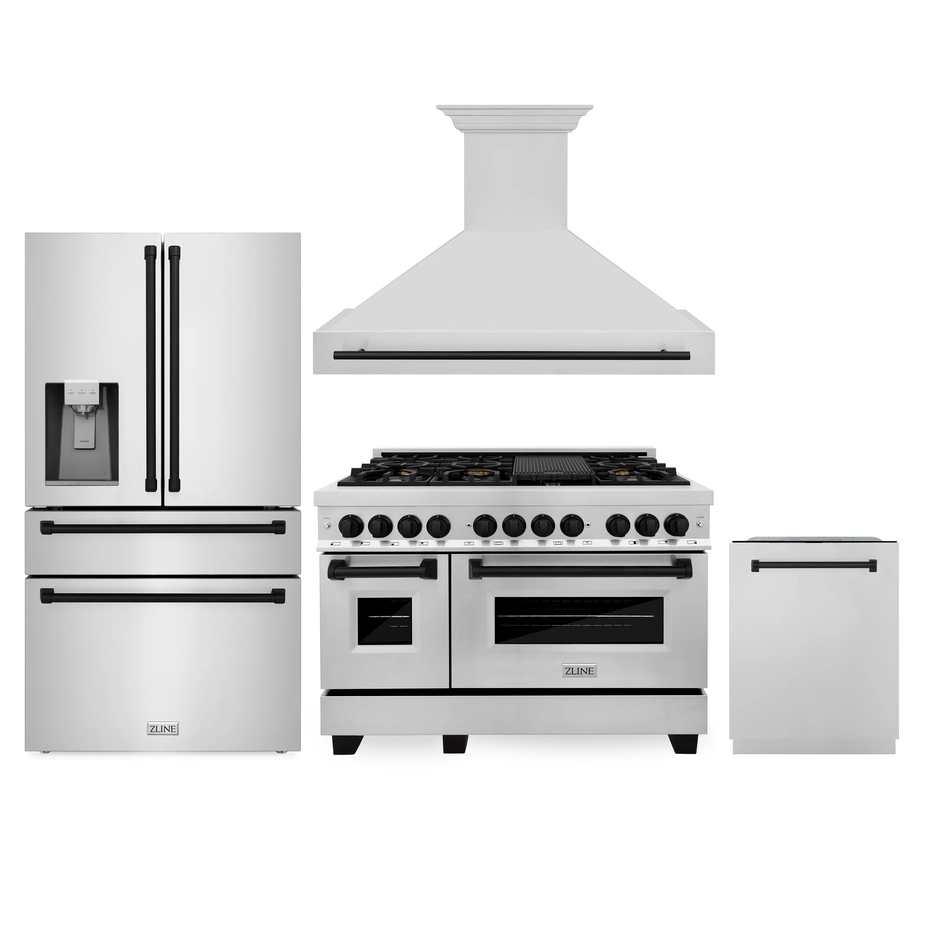 Appliance package view: dual fuel range with hood, refrigerator, and dishwasher