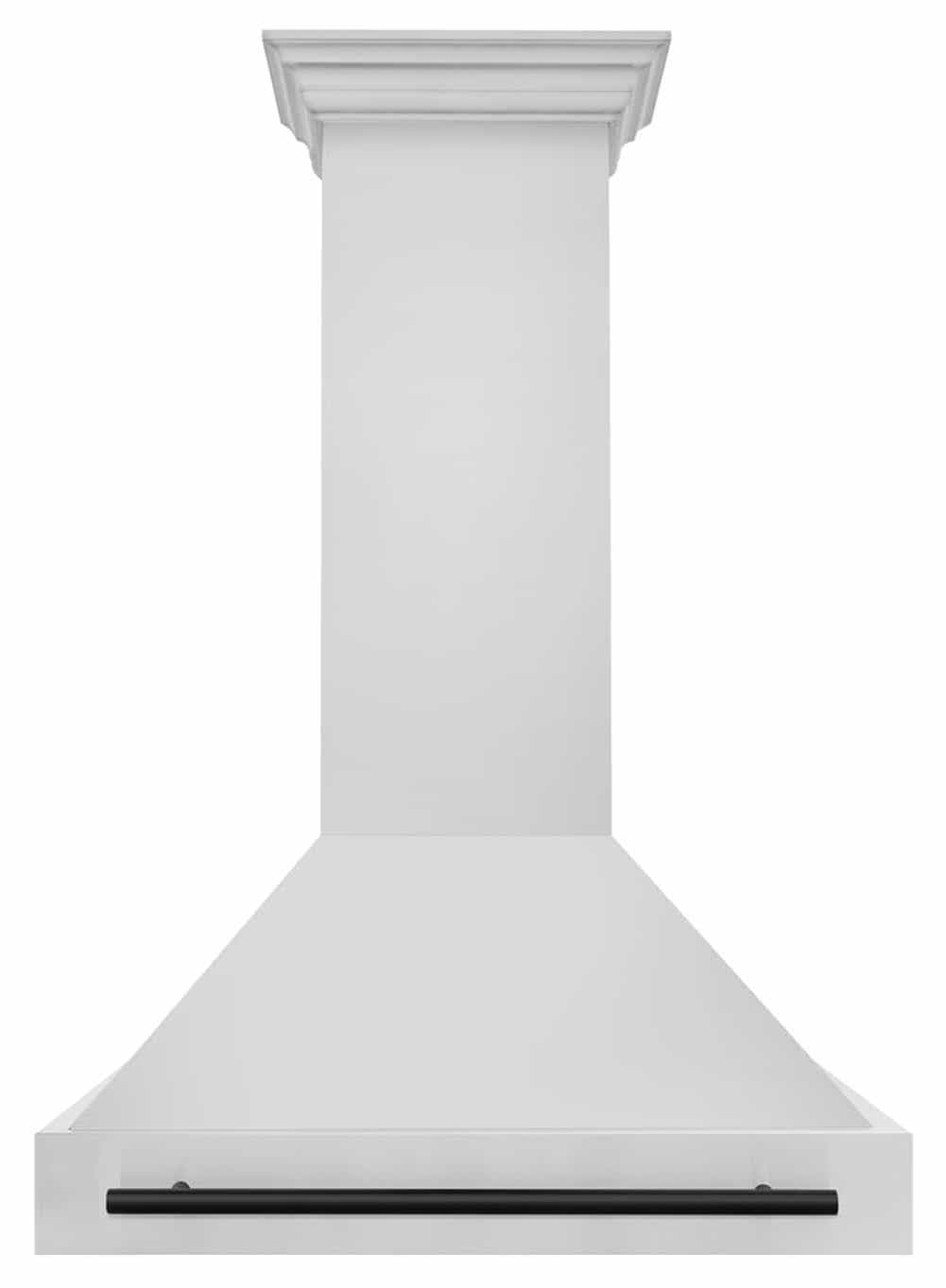 Wall-mounted range hood chimney with black vent bar underneath