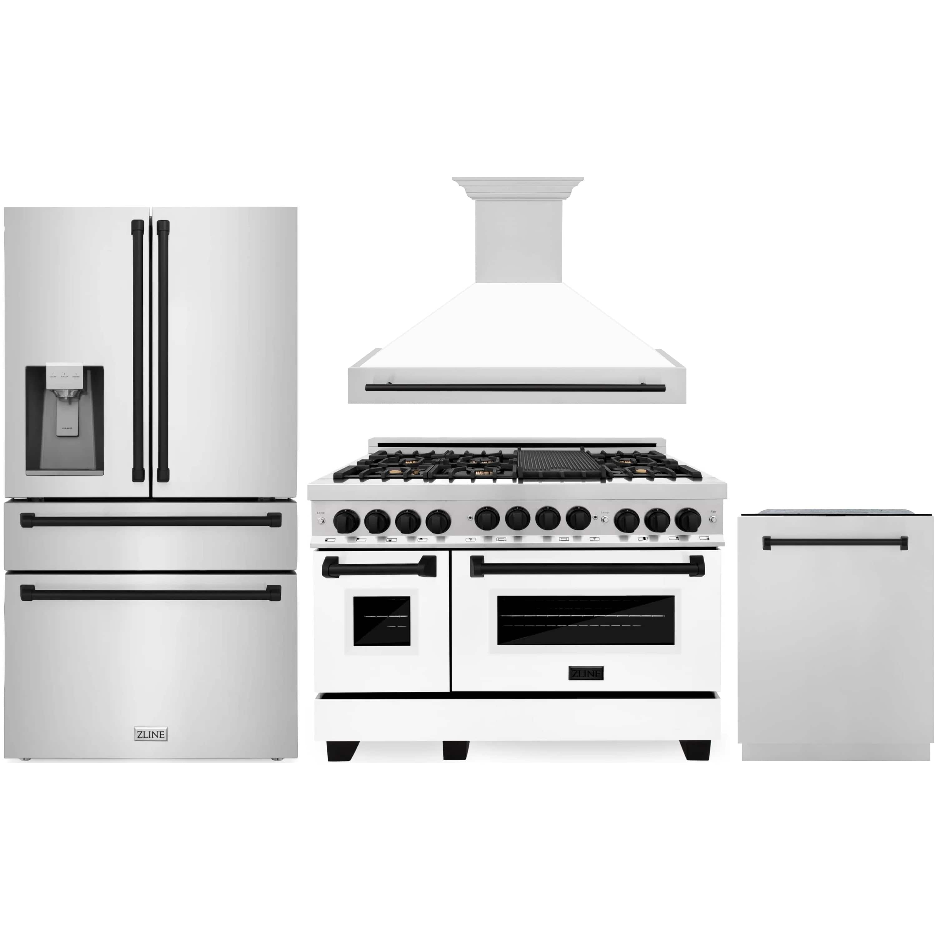 Stainless steel gas range with wall hood, refrigerator, and tall dishwasher set