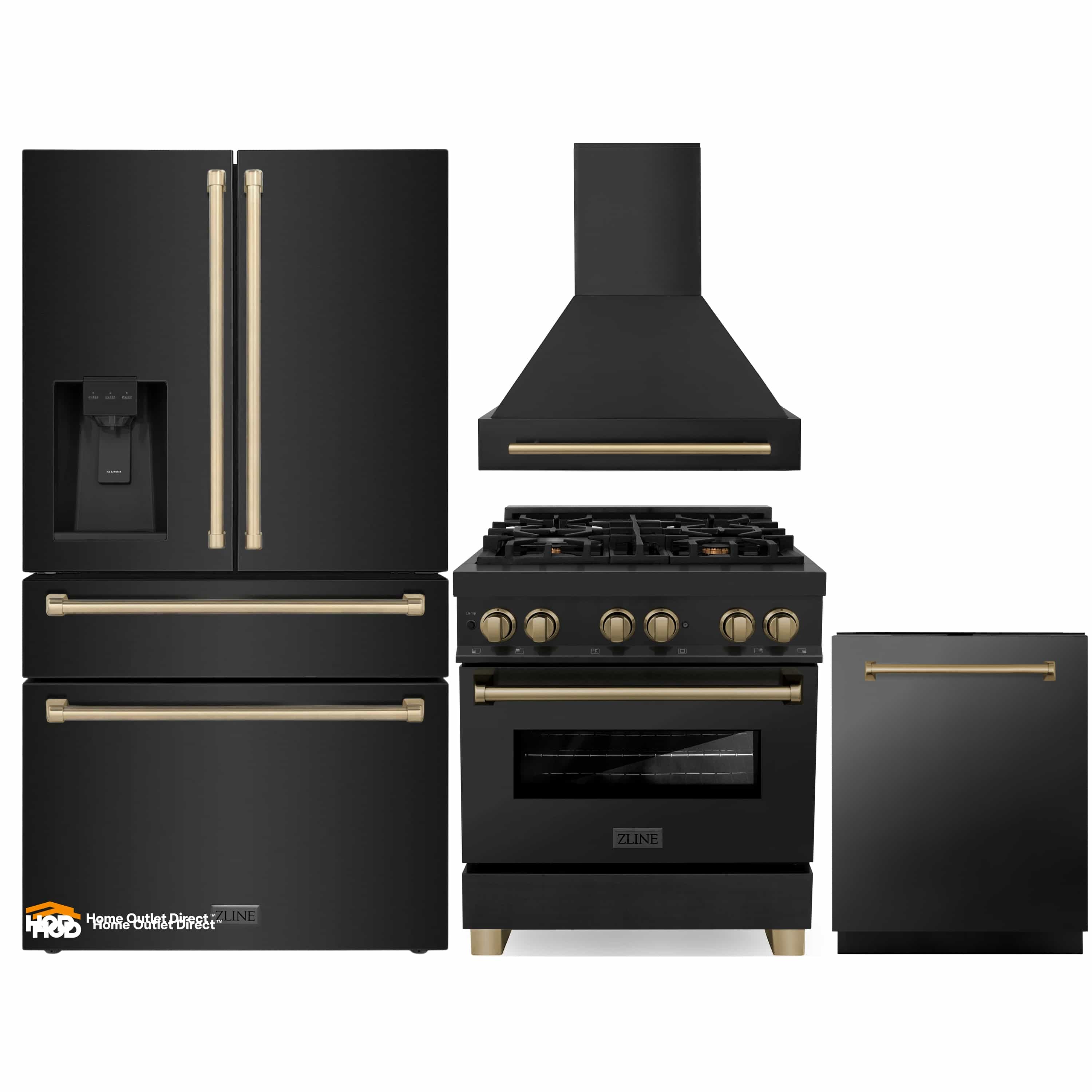 4-piece kitchen appliance set: black stainless refrigerator, dual-fuel range, range hood