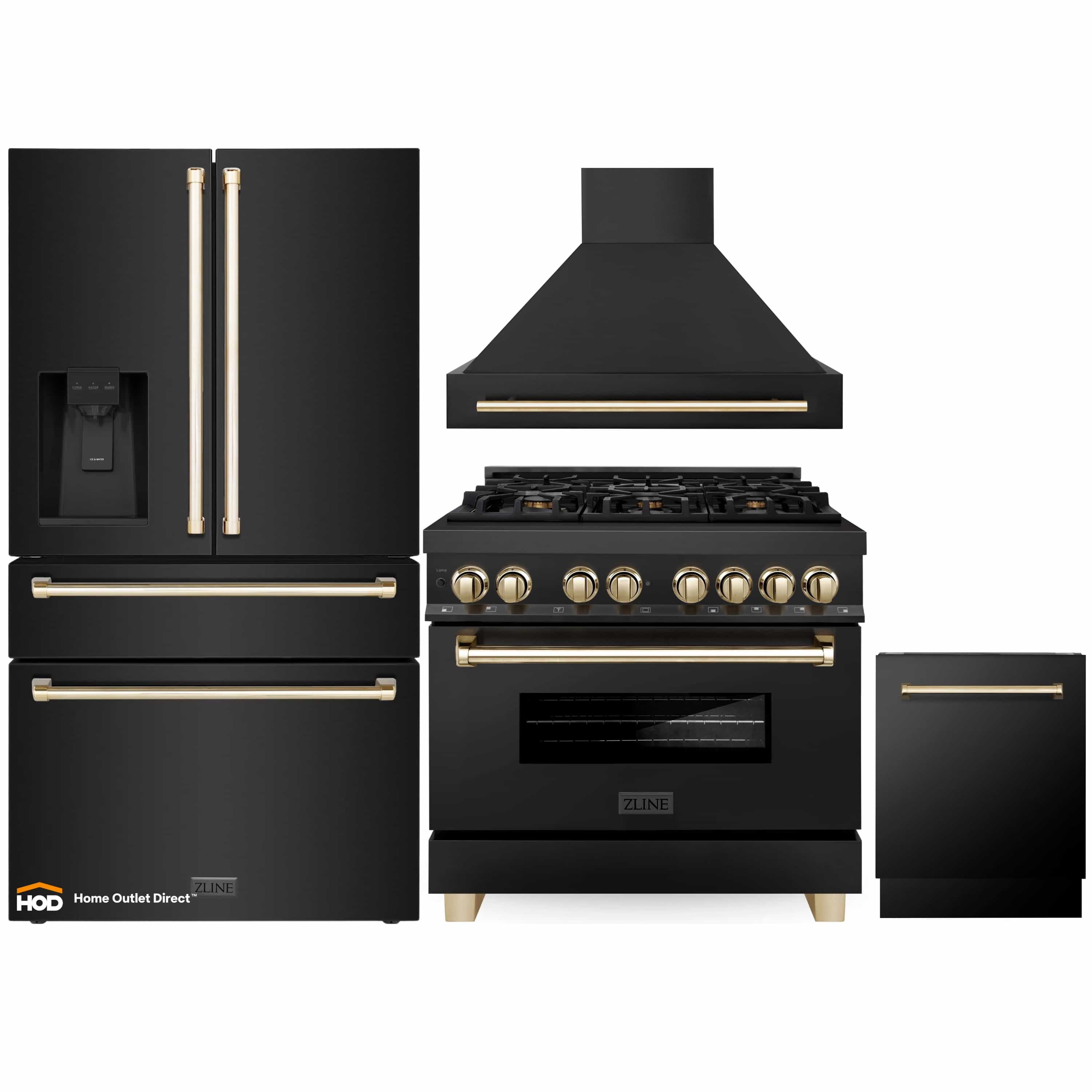 Set of black stainless appliances with gold trim: range, hood, and refrigerator doors