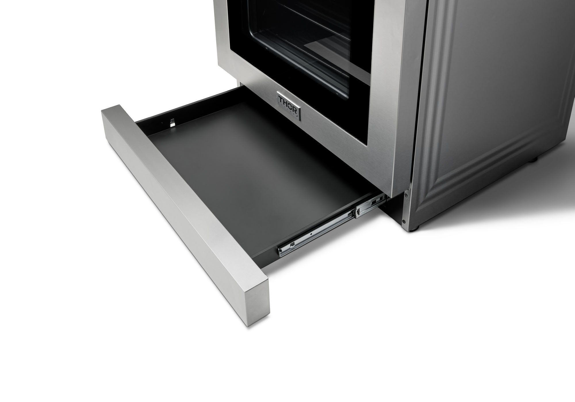 Pull-out broil drawer on a stainless steel electric range with open access panel