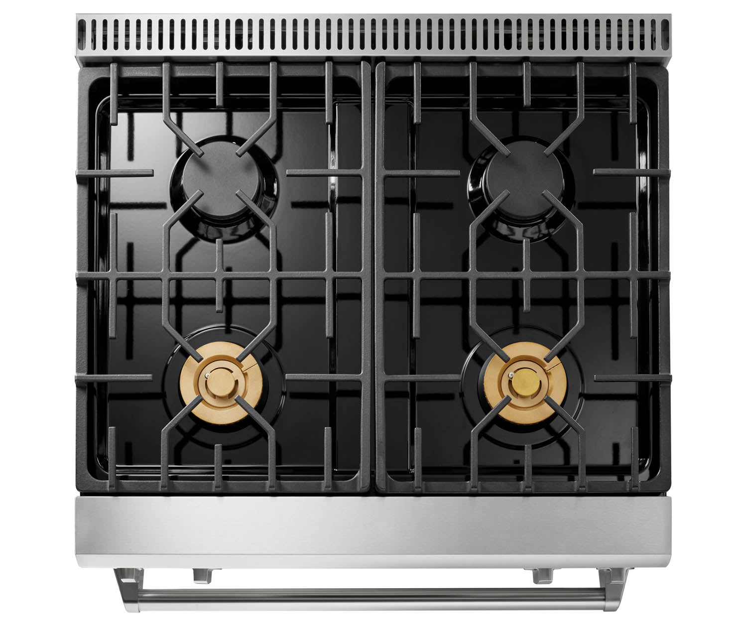 Stainless steel gas cooktop burner layout with black grates