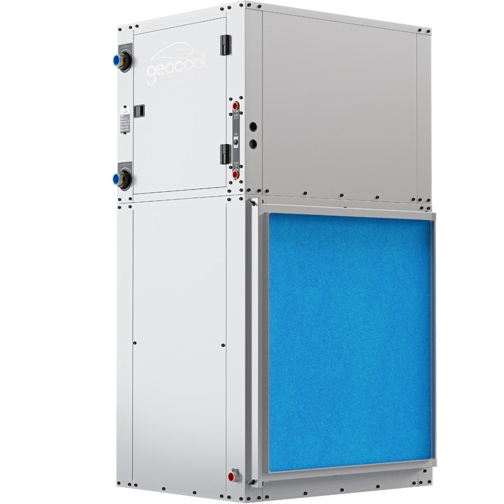 White HVAC heat pump unit with access panels, piping connections, and control buttons