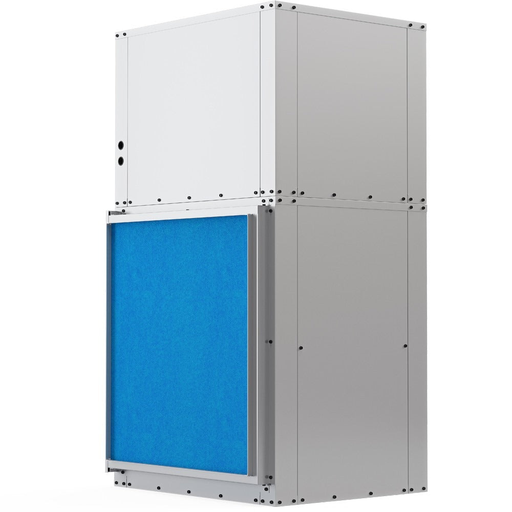HVAC air handler with blue filter panel and gray cabinet doors
