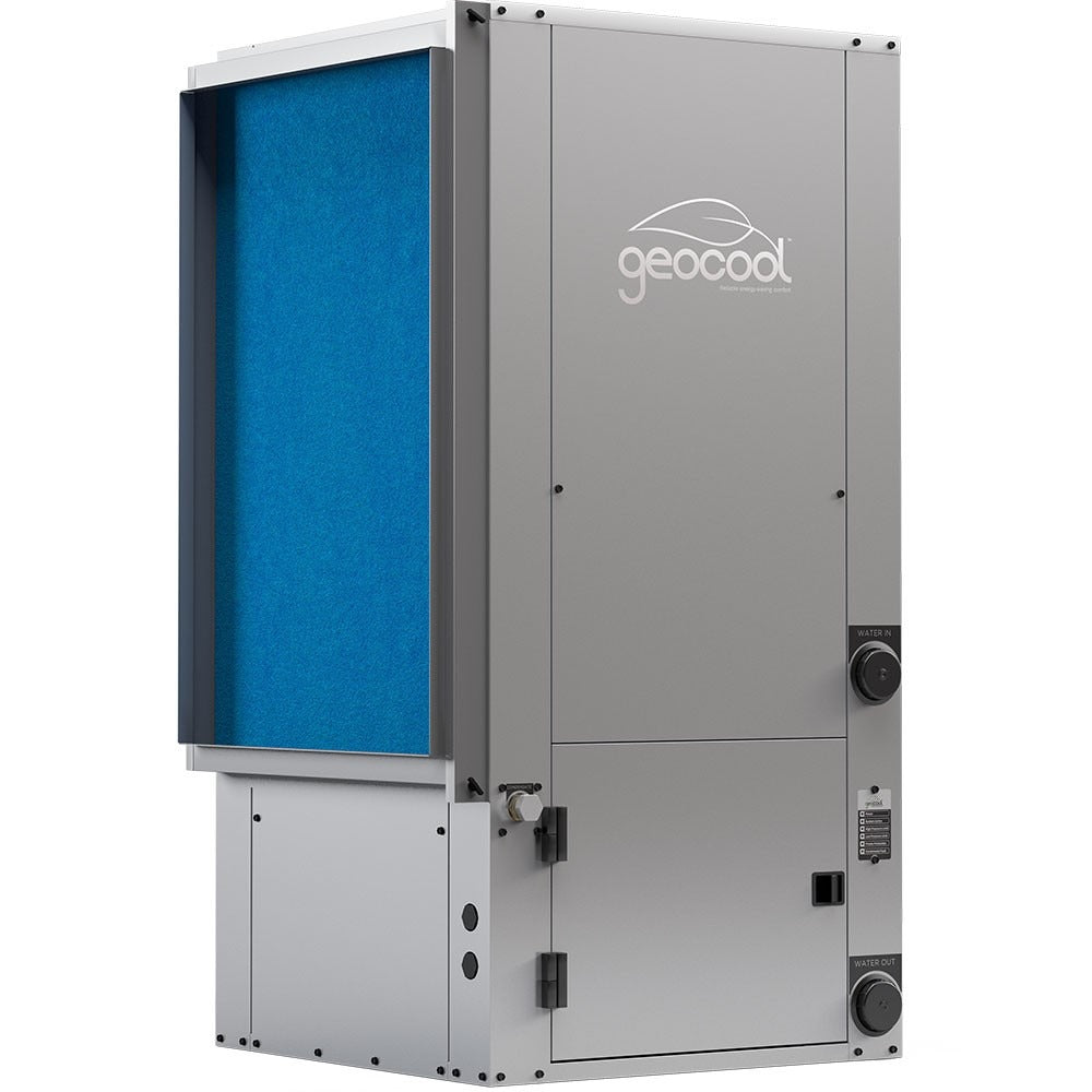 GeoCool vertical heat pump unit cabinet with blue front filter panel and service access doors