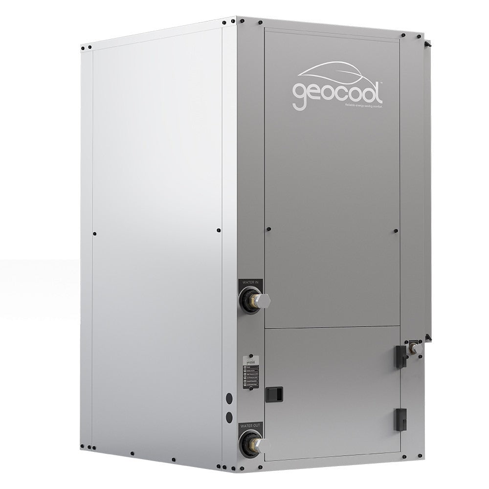 MRCOOL GeoCool heat pump cabinet exterior with rear panel and water connections.