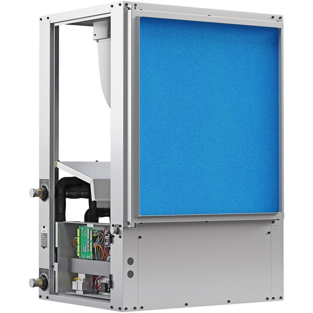 Open heat pump cabinet showing fan area, wiring components, and blue insulation panel.