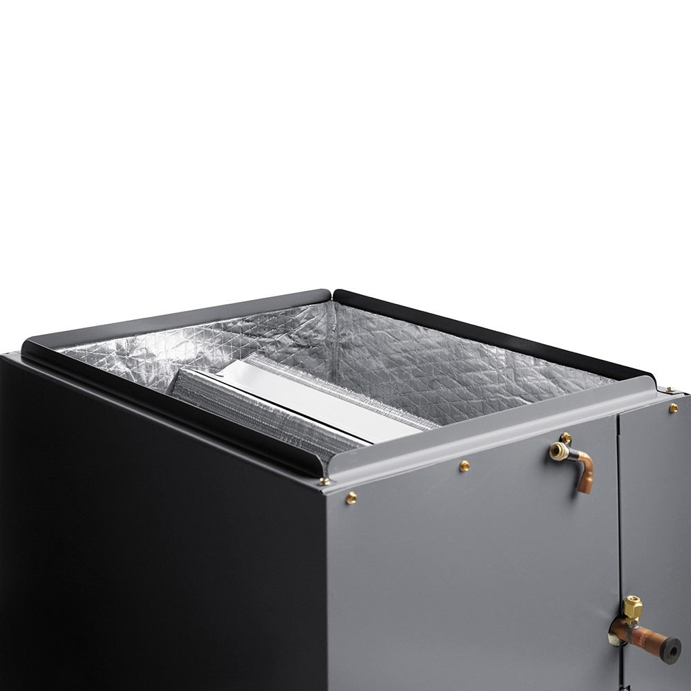 Evaporator coil cabinet with black top insulation border and visible finned coil core