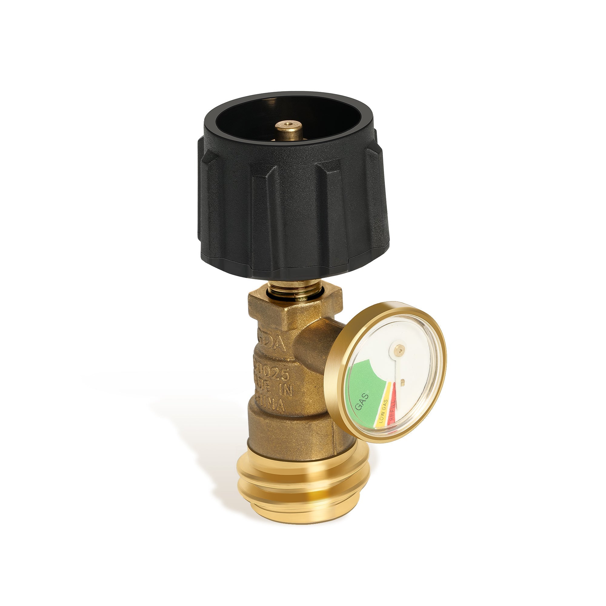 Propane tank gas grill gauge valve with black connector and brass pressure gauge