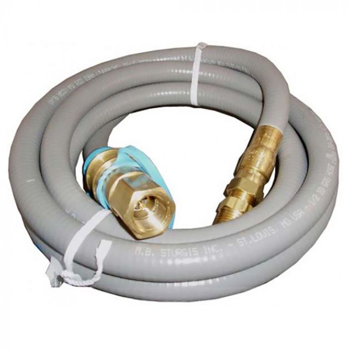 Gray natural gas hose with brass quick-disconnect fittings and blue seal washer