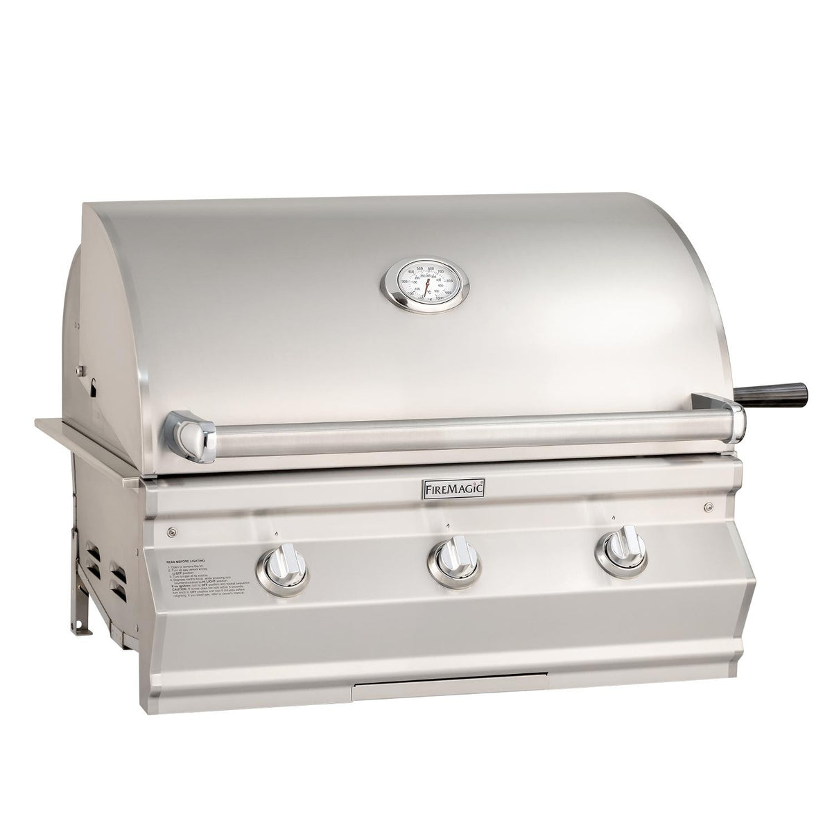 Stainless built-in gas grill with analog thermometer and four control knobs
