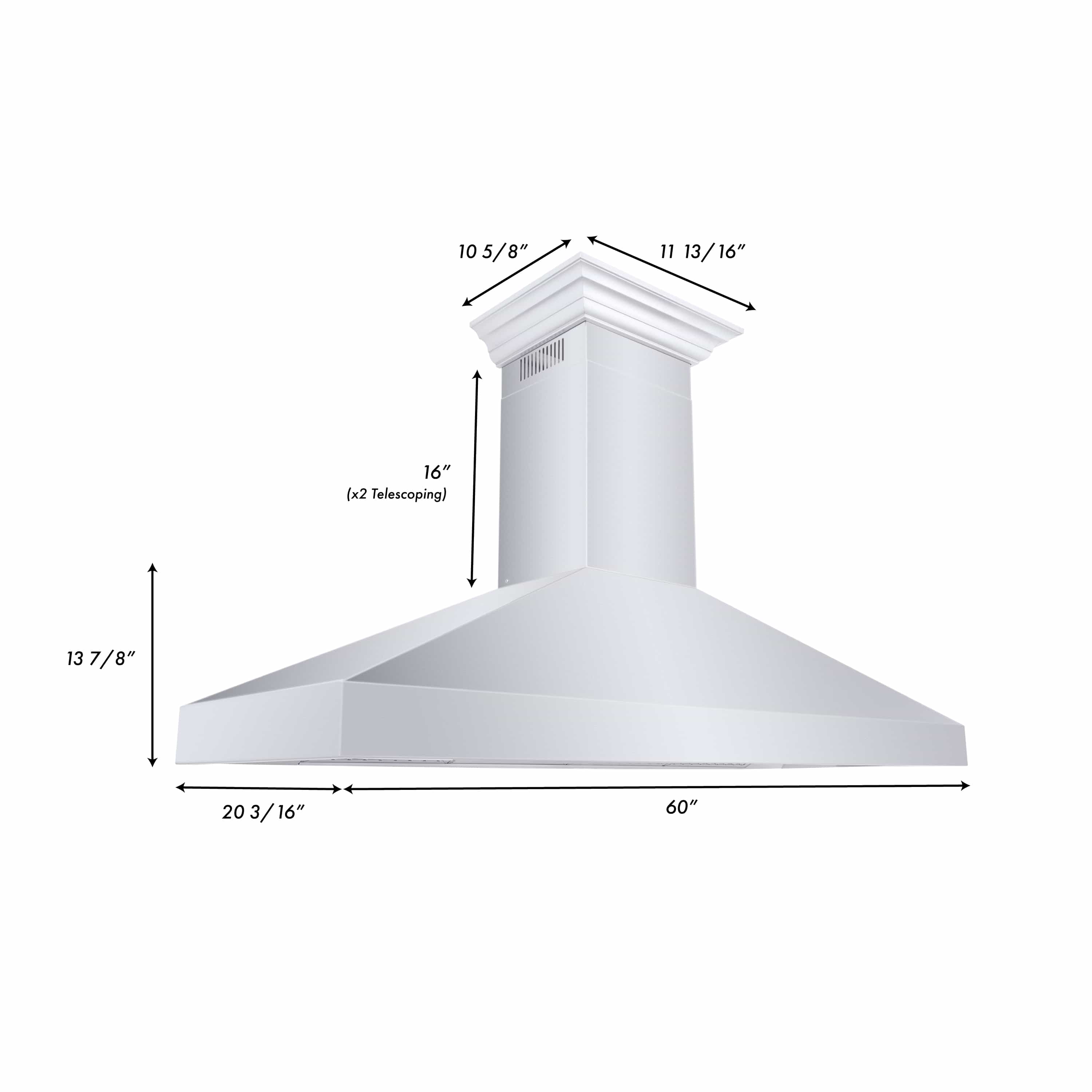 Stainless steel wall-mount range hood with crown-molding chimney and angled canopy