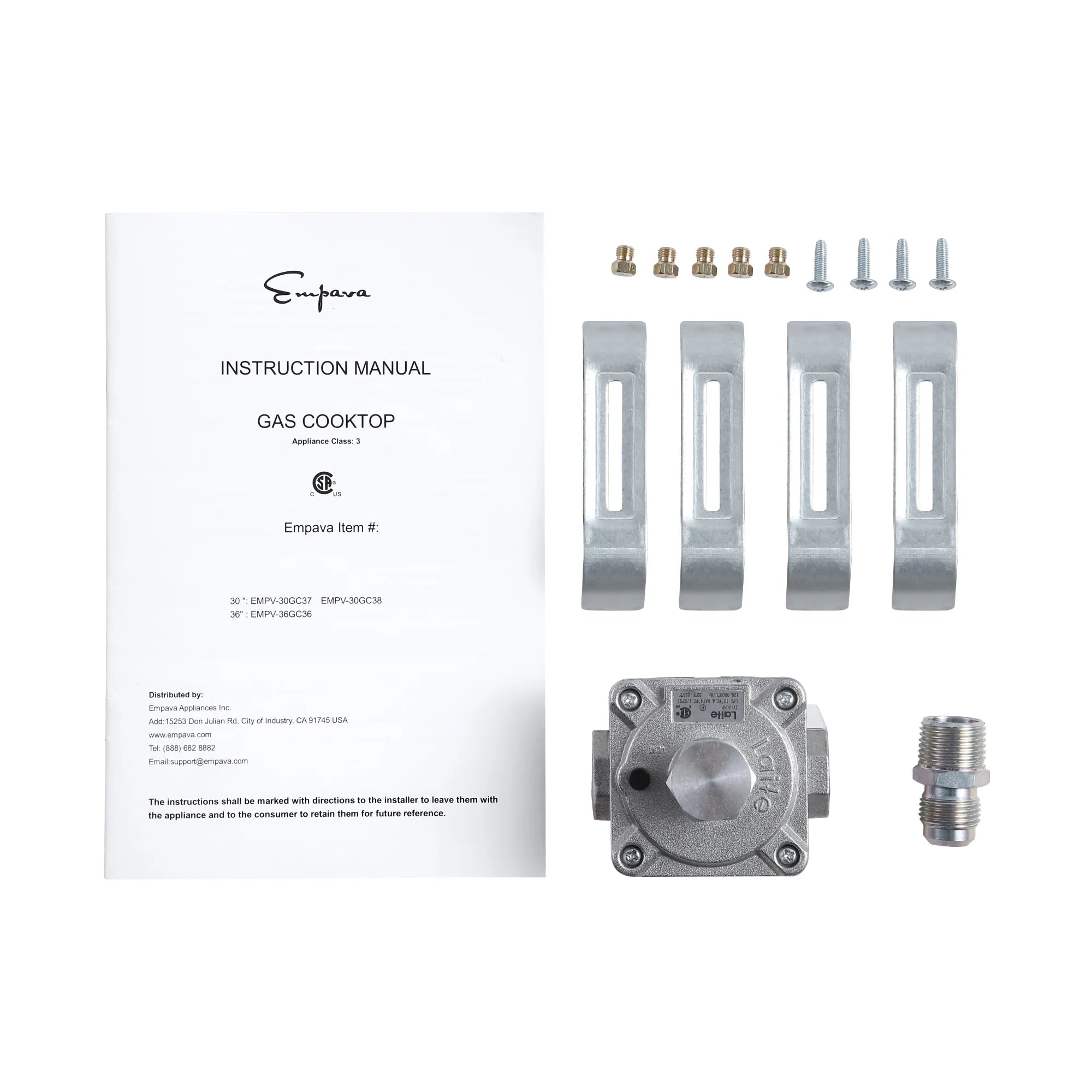 Empava gas cooktop installation parts with instruction manual and regulator