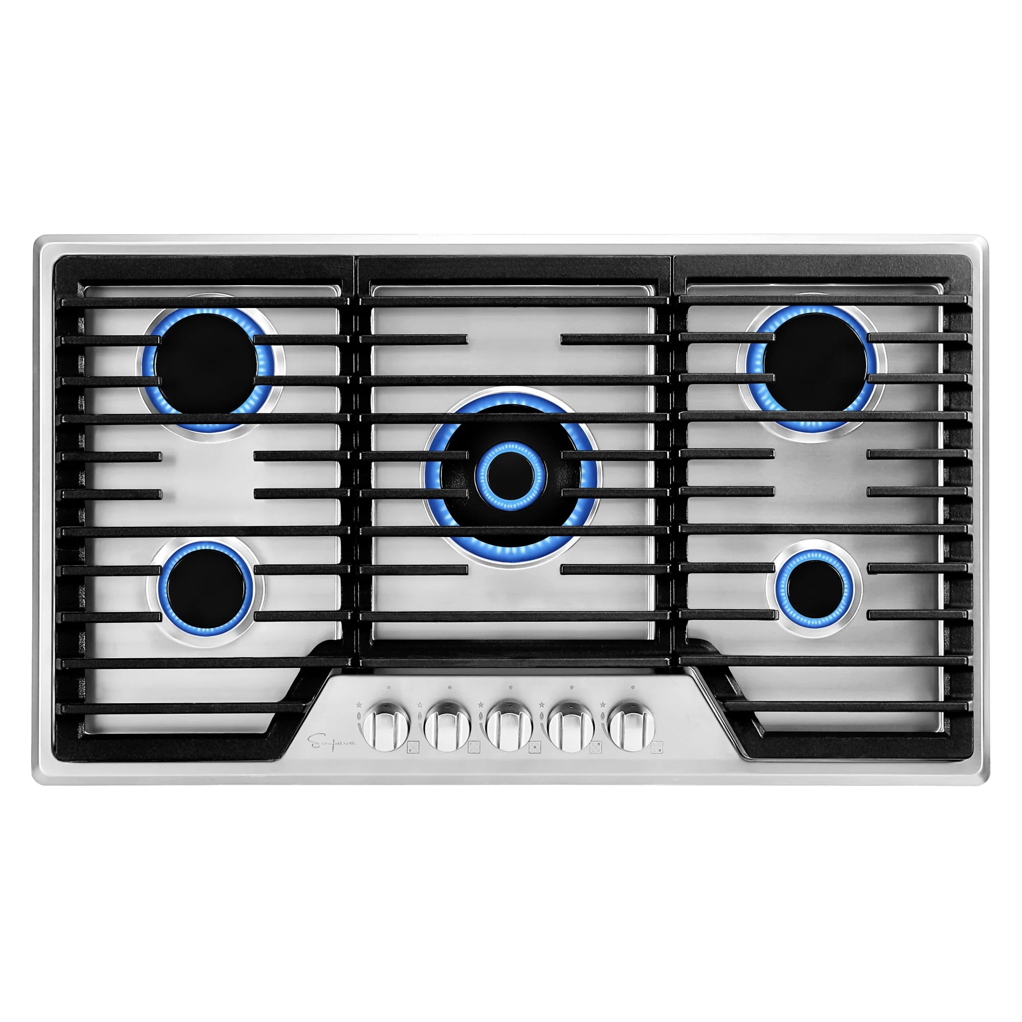 Stainless steel built-in gas cooktop with burner grates and blue-flame rings