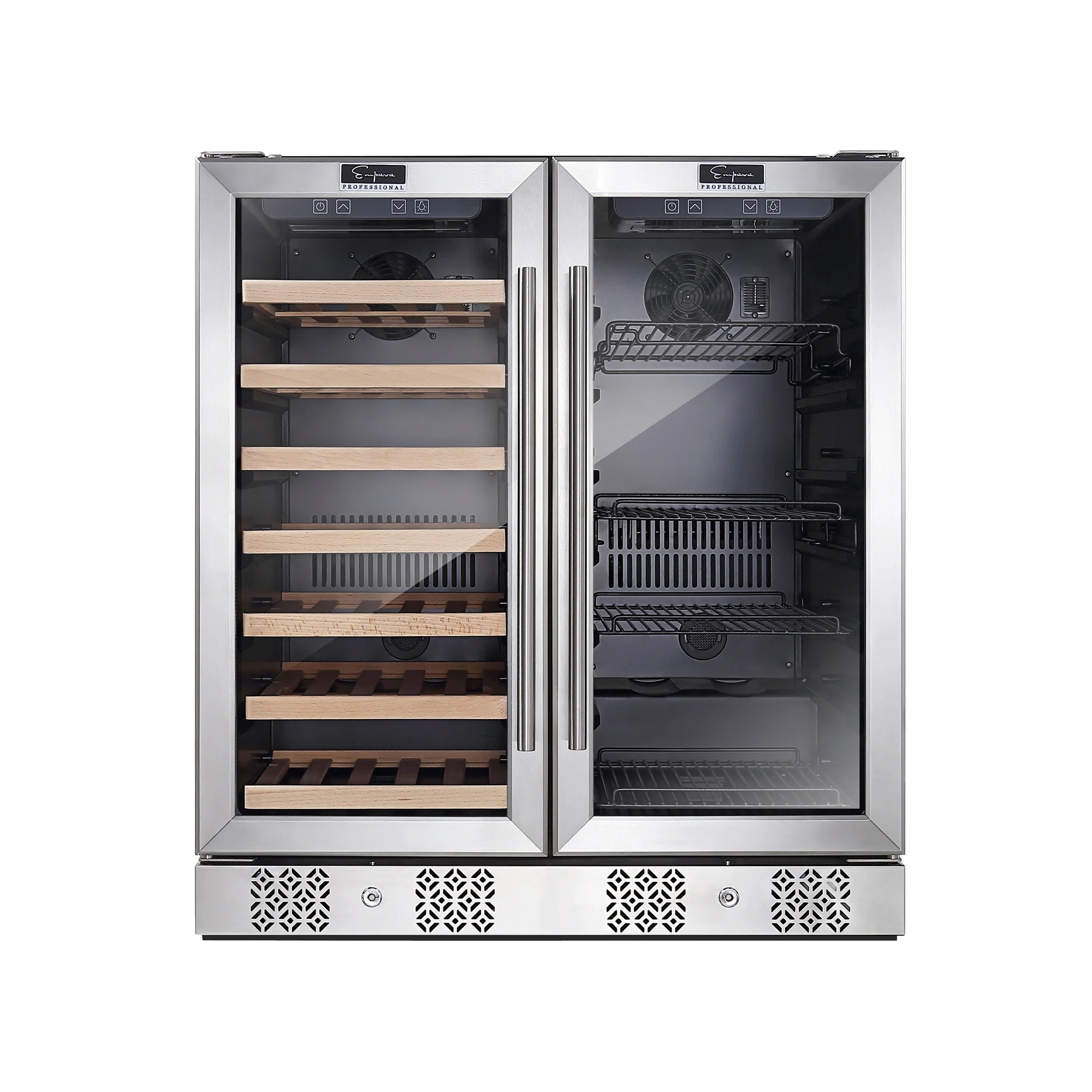 Dual-zone wine cooler interior view: wooden racks and removable shelves inside stainless steel