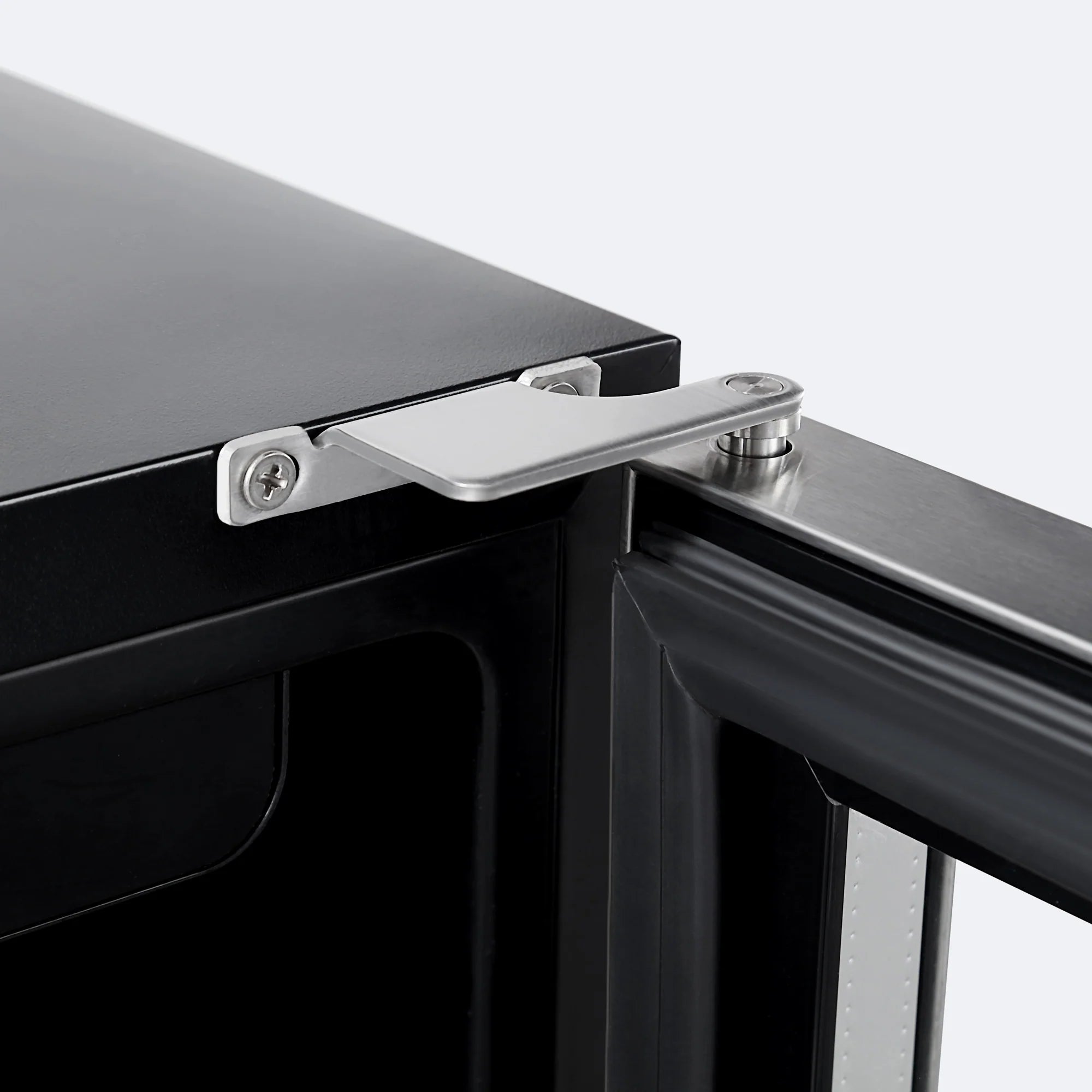 Wine cooler top hinge and latch detail with stainless steel housing