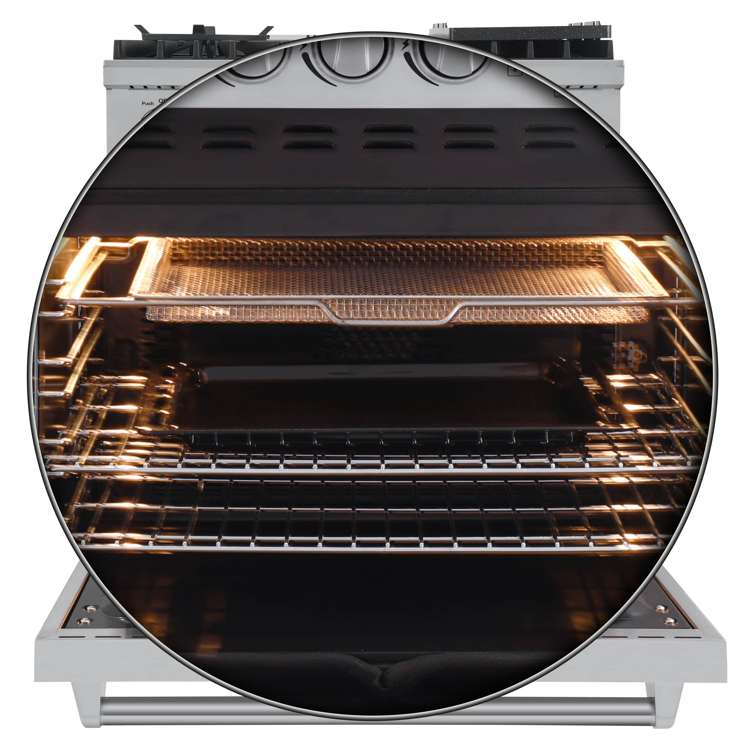 Stainless gas oven with open door, glowing heating elements, and wire rack