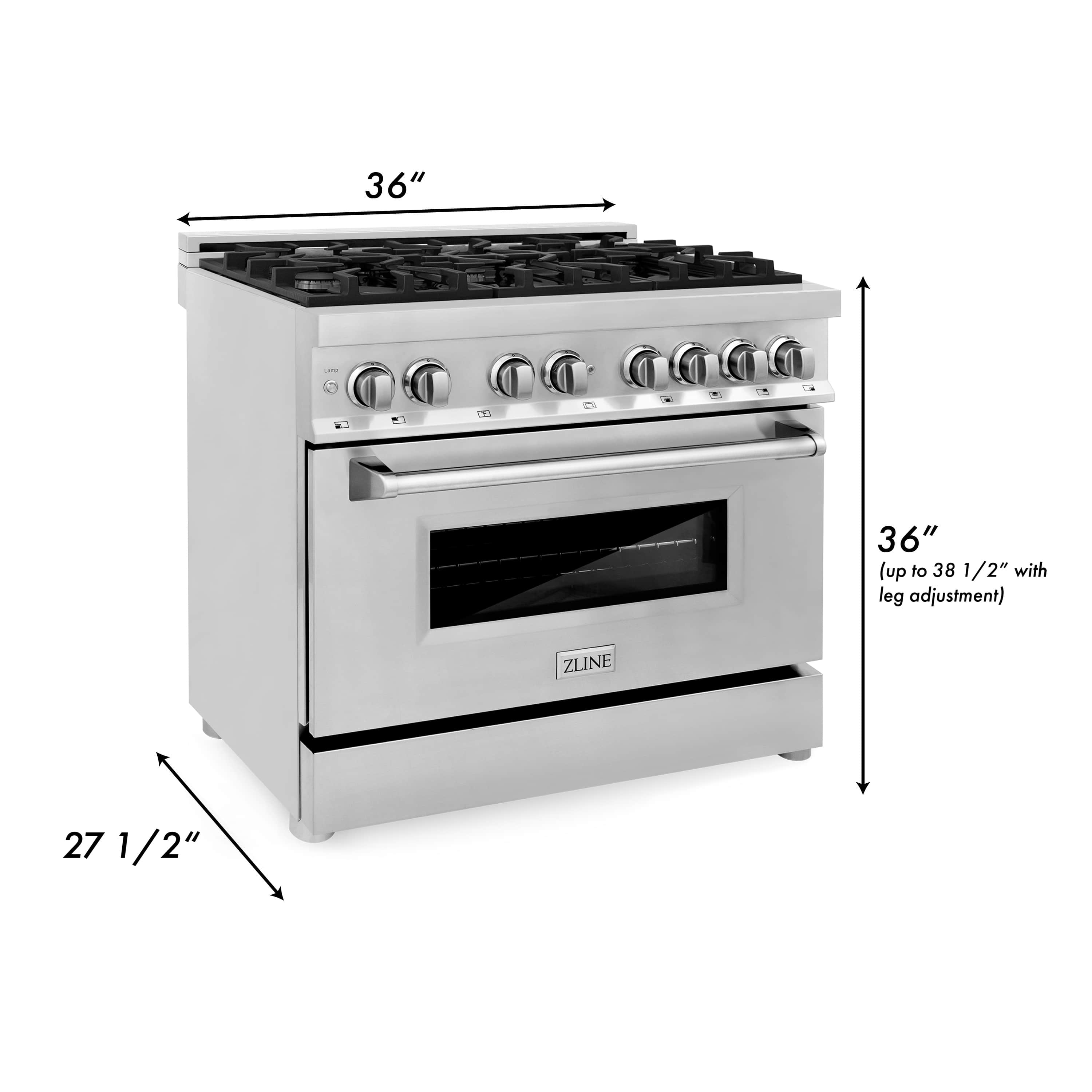 Stainless steel dual fuel range showing 36 in width and 27 1/2 in height