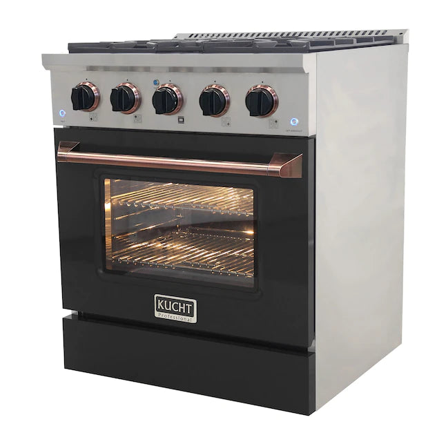 Stainless dual fuel range with lit oven window, black door, and round control knobs