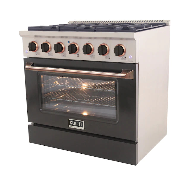 Kucht 36-inch gas range in black with black knobs, rose gold oven handle trim