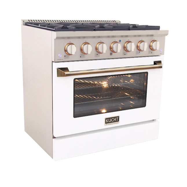 White 36-inch gas range with convection oven; gold handle; front controls with six burners