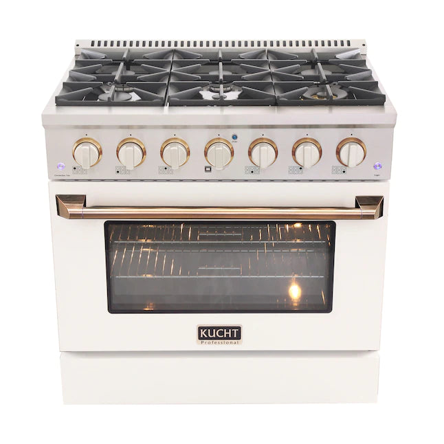 36-inch white gas range with convection oven; gold handle; white knobs and six burners