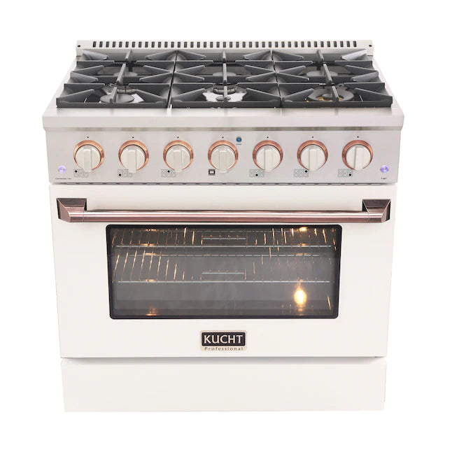 White 36-inch gas range with convection oven, rose-gold handle and white knobs