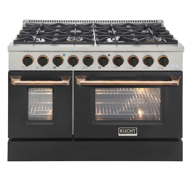 Black dual fuel range with two lit oven windows and multiple burner knobs