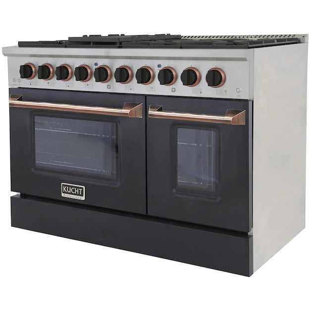 Dual fuel range with two oven doors, bronze handles, and stainless control panel with knobs