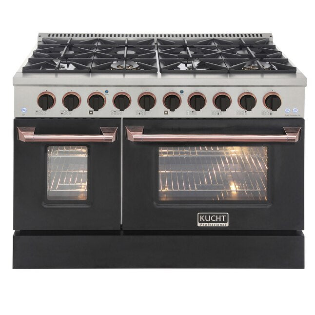 Stainless and black dual fuel range with open top grates, two ovens, and knobs