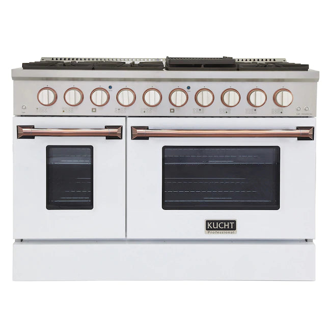 White dual fuel range with stainless cooktop, rose-gold control knobs, and twin oven windows